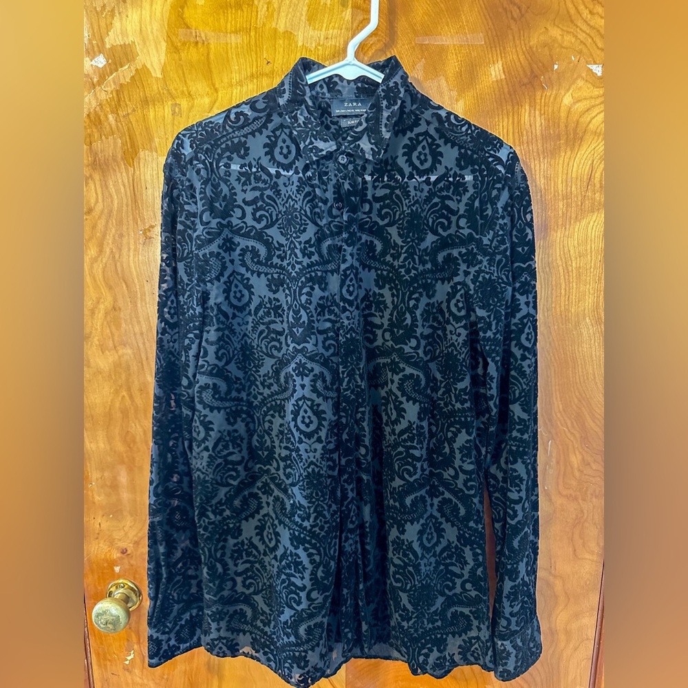 Sheer Black Collared Shirt with Baroque-style Velvet Appliqué